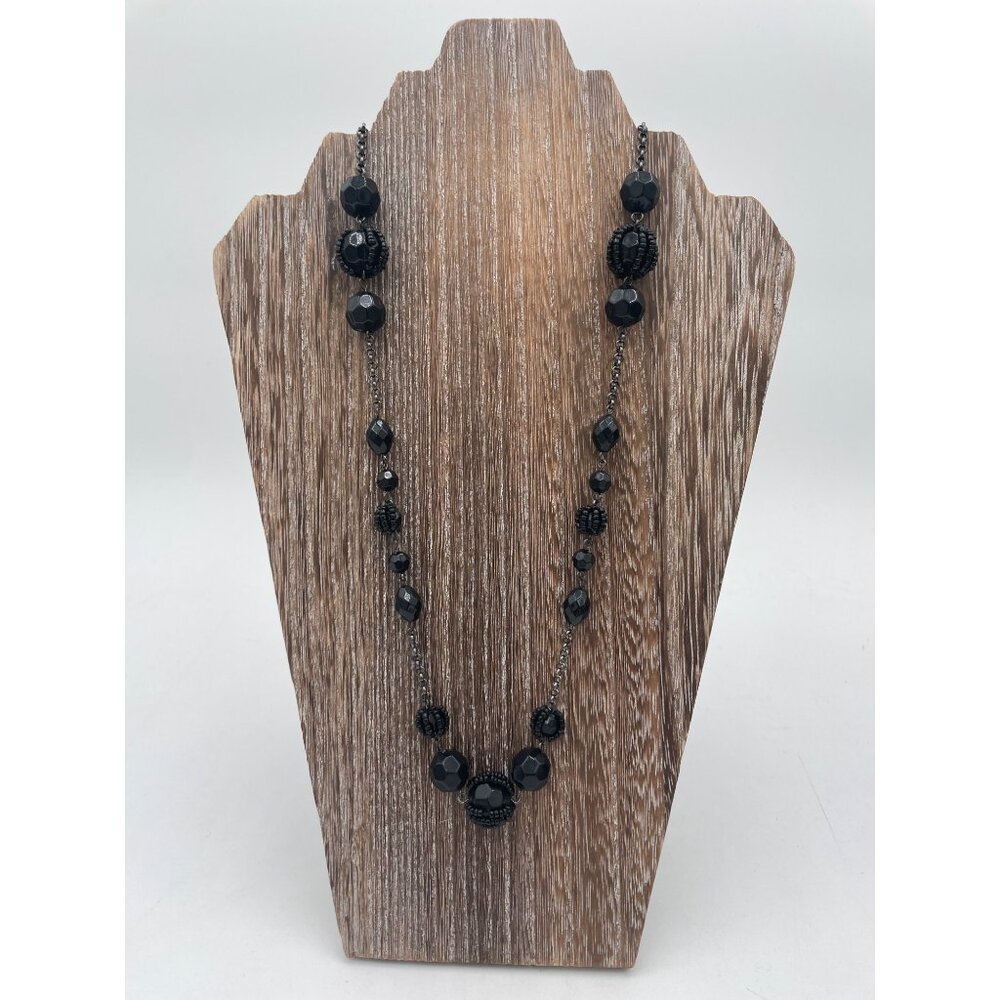 Avon Black Beaded Necklace With Lobster Clasp Gunmetal Chain 22”